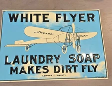 White Flyer Laundry Soap Makes Dirt Fly Armour Embossed Metal Sign Airplane