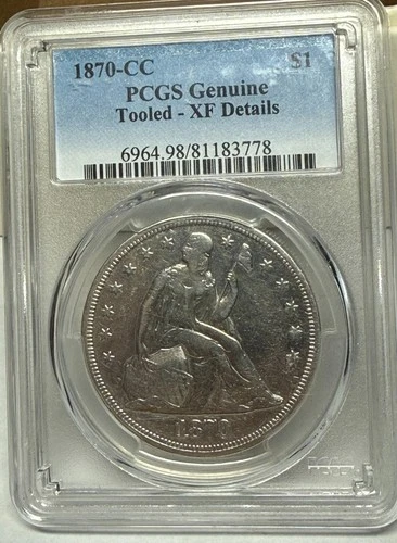 1870-CC Carson City Seated Liberty dollar PCGS XF detail.Only 11,758 made #uac78