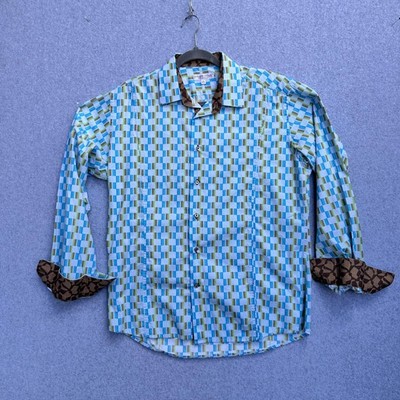 Coton Doux Shirt Mens 16.5 Large Blue Green Geometric Pattern French Modern