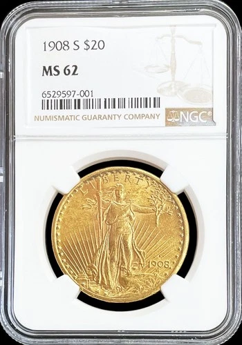 1908 S GOLD NGC MINT STATE 62 USA $20 DOLLAR SAINT GAUDENS COIN