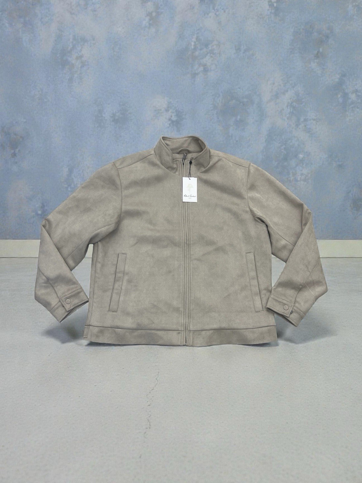 Robert Graham Men's Taupe Full Zip Suede Jacket Pockets Stand-Up Collar Size XL