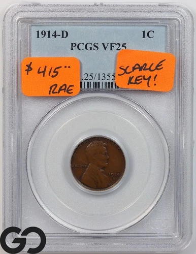 1914-D Lincoln Cent Penny PCGS VF 25 ** Highly Demanded Straight Grade Key Date
