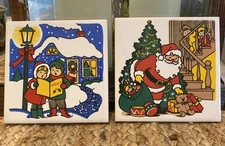 JSNY Christmas Vintage 1982 Tile Trivets Set 2 Santa And Carolers  4”