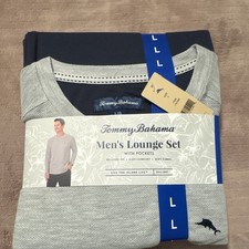 Tommy Bahama Men's Lounge Set L Gray Navy Knit Polyester Rayon 2 Piece Pockets