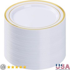 100PCS Gold Plastic Plates 10.25 Inch Disposable Dinner Plate Party w/ Gold Rim