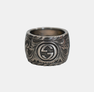 アクセサリー GUCCI Cat Head Silver Ring Arabesque 26 🆕️GUCCI FELINE HEAD AGED .925 STERLING Silver WIDE BAND Ring IT
