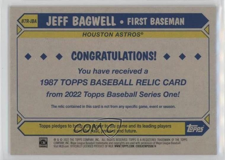 2022 Series 1 1987 Topps Baseball Relics Gold /50 Jeff Bagwell #87R-JBA HOF - Image 2 of 2