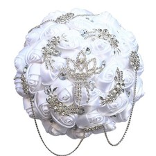 White Wedding Bridal Bouquet with Bling Brooch Rhinestone String Cascade Sati...