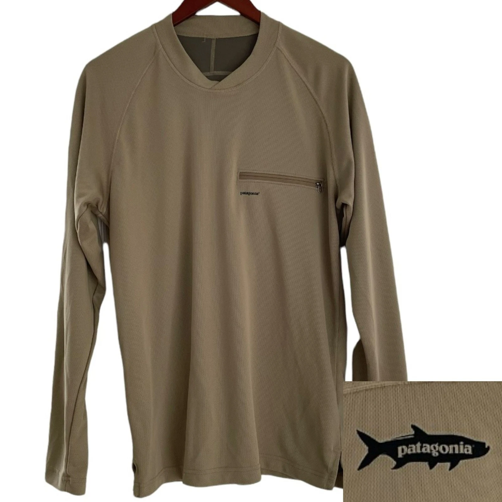 PATAGONIA men's outdoor long sleeve pullover polyester FISH LOGO shirt size M