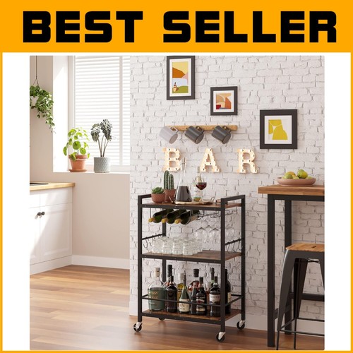 Compact Kitchen and Bar Cart with Wine Rack - Mobile Serving Cart with Wheels
