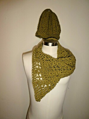 New Soft Cotton Lace Handmade Crocheted Triangular Scarf Cowl & Hat Cactus Green