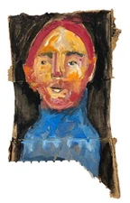 Original Outsider Art Primitive Naive Man Beard Portrait Painting Wall Art