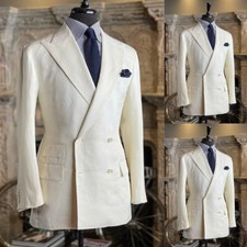 Double Breasted Men's Suits White Wedding Groom Tuxedos Peak Lapel Blazer Coat