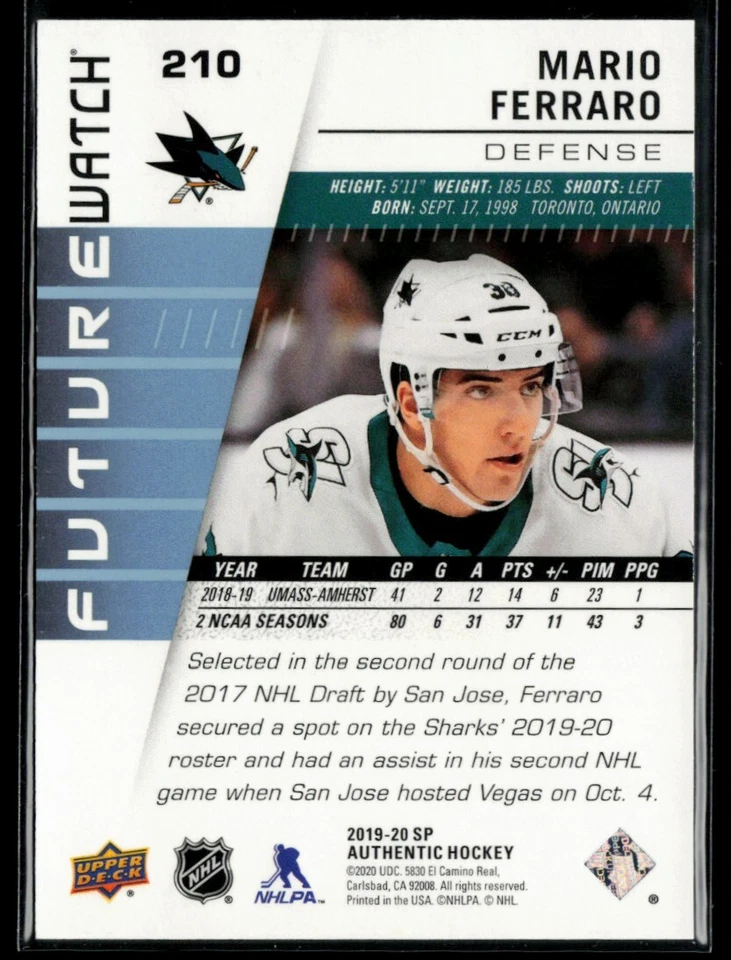 2019-20 SP Authentic Mario Ferraro RC 20/999 #210 - Image 2 of 2