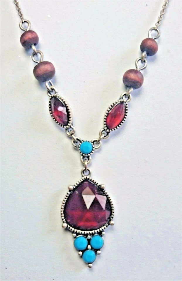 Vtg AVON NRT Necklace 16" Red Turquoise Rhinestones Wood Beads Silver Tone Chain Foto 2 de 4