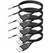 USB A 2 Pin Bare Wire Extension Cable, 22AWG 5V 3A, USB 2.0 Male Plug to Open...