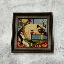 Vintage Siamese Cat Needlepoint Framed Wall Art Kitty On Books Cottagecore