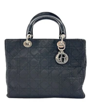 CHRISTIAN DIOR Lady Cannage Tote Hand Bag Nylon Leather Black