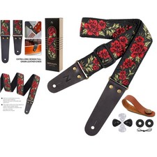 Guitar Strap, 2" Cotton Embroidery Guitar Straps, Full Grain Leather Ends wit...