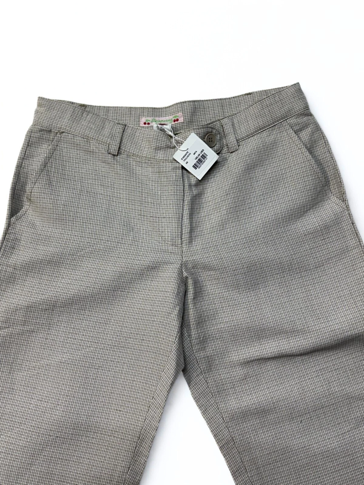 Girls Taupe Micro-Check Woven Capri Trousers Ramie Cotton Dress Pants Size XS