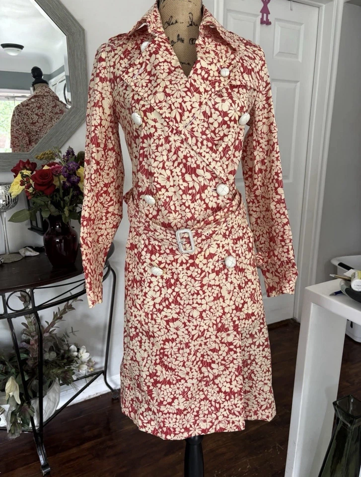 RAIR Burberry Abrigo-Vestido Estampado Floral Doble Botonadura Cinturón 4 Auténtico Foto 2 de 4