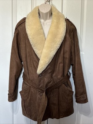 Pelle Studio Vintage 80s Men s Brown Leather Coat Mouton Bomber Size Large (mc)