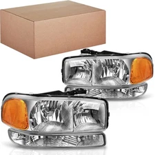 Headlights + Bumper For 1999-2007 GMC Sierra 1500 2500 00-06 Yukon XL  Lamps Set