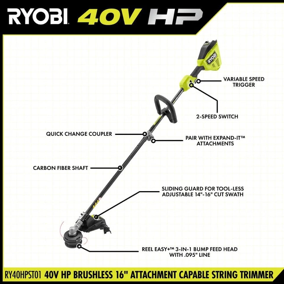 RYOBI 40V HP Brushless 16" Cordless String Trimmer Tool Only Carbon Fiber Shaft - Image 3 of 4