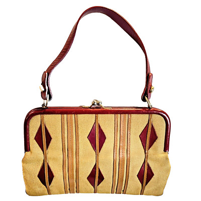 Vtg Rada Borse Made in Italy Beige Canvas Red Leather Frame Hand Bag 11x7.5 in