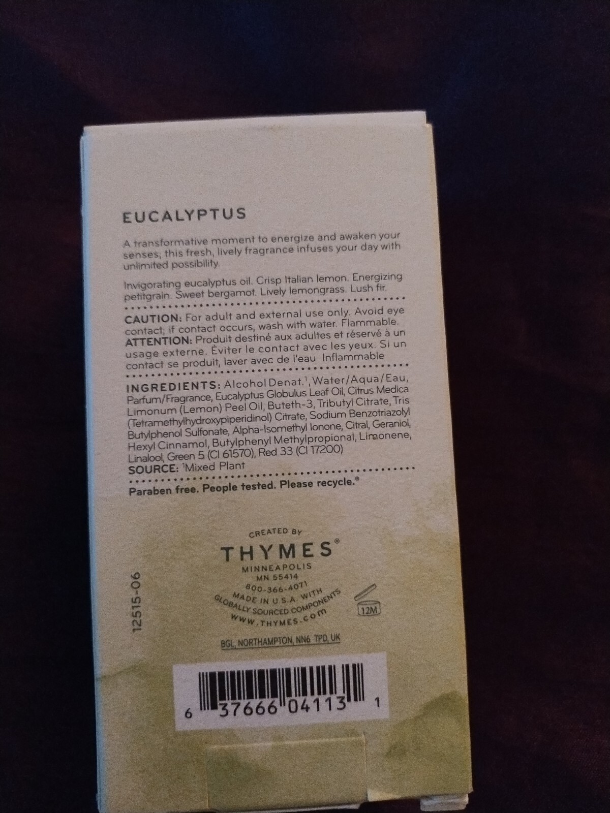 Thymes Eucalyptus Cologne Ladies 1.75 fl oz Spray Bottle New in Box