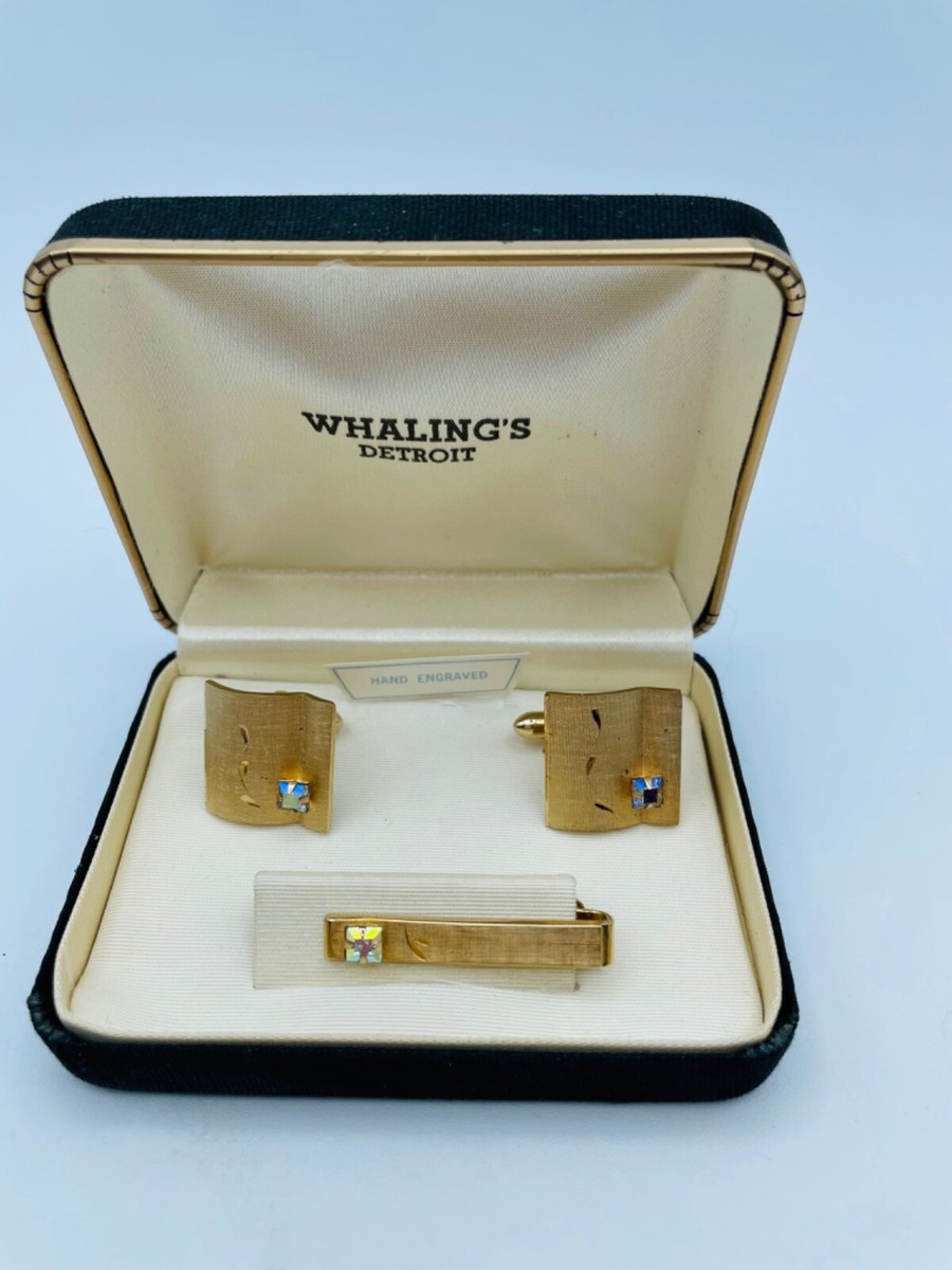 Vintage Swank Cufflinks and Tie Clip Set w/ Case, Hand-Engraved