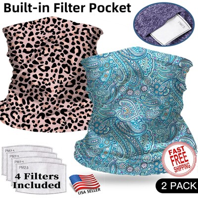 2 Pack Neck Gaiter w Filter Face Mask Scarf Shield Balaclava Bandanna Headband