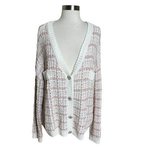 Venus Cardigan Womens Medium White Pink Metallic Knit Tweed Rhinestone Buttons