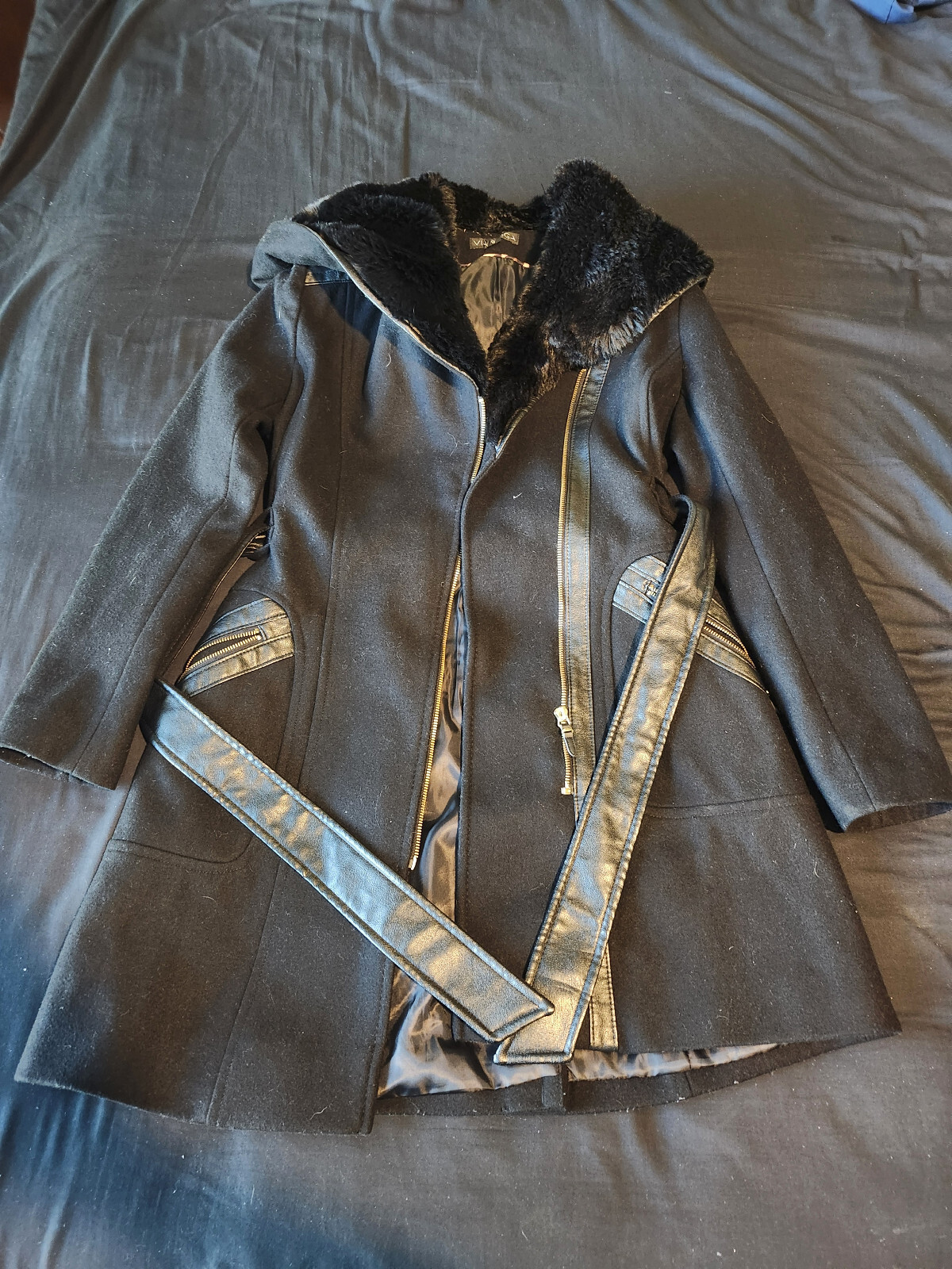 Via Spiga Women's Wool Faux Fur Hood Belted Winter Trim Coat Size 4