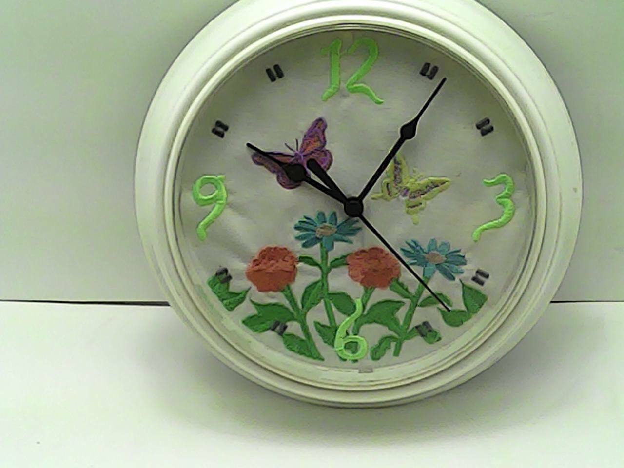 9" Hand-Embroidered Wall Clock - Butterflies and Flowers - Tested