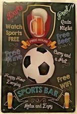 Sports Bar Tin Sign 8"x12" soccer beer darts pool man cave wall door plaque