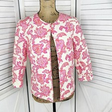 Sigrid Olsen Blazer Jacket Size 4 Cream Pink Floral Damask Cotton Silk Snap