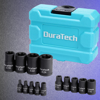 DURATECH 14PC External Star Impact Socket Set w/Case E4 to E24 1/4''3/8''1/2''