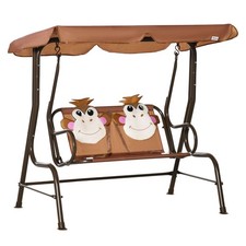 Kids 2-Seat Outdoor Patio Swing Chair Adjustable Canopy Safety Belt Coffee