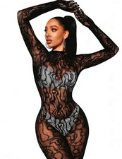 Women Sexy Lace Leopard Jumpsuit, Fishnet Bodysuit Glow Party Club, Mesh Full Bo