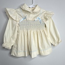 Cradle Togs Vintage Girls Ivory Blue Cotton Long Sleeve Smocked Dress 12-18 mo.
