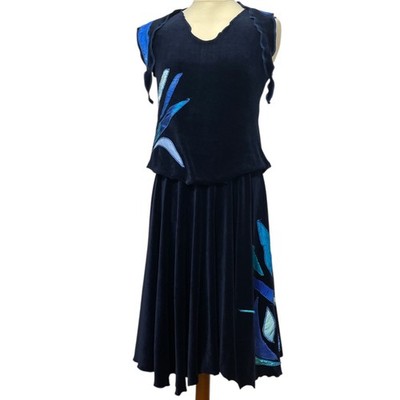 Damen Ensemble 3teilig Blau Nicki Stretch M L 38-42 Rock Shirt Tuch Vintage Boho