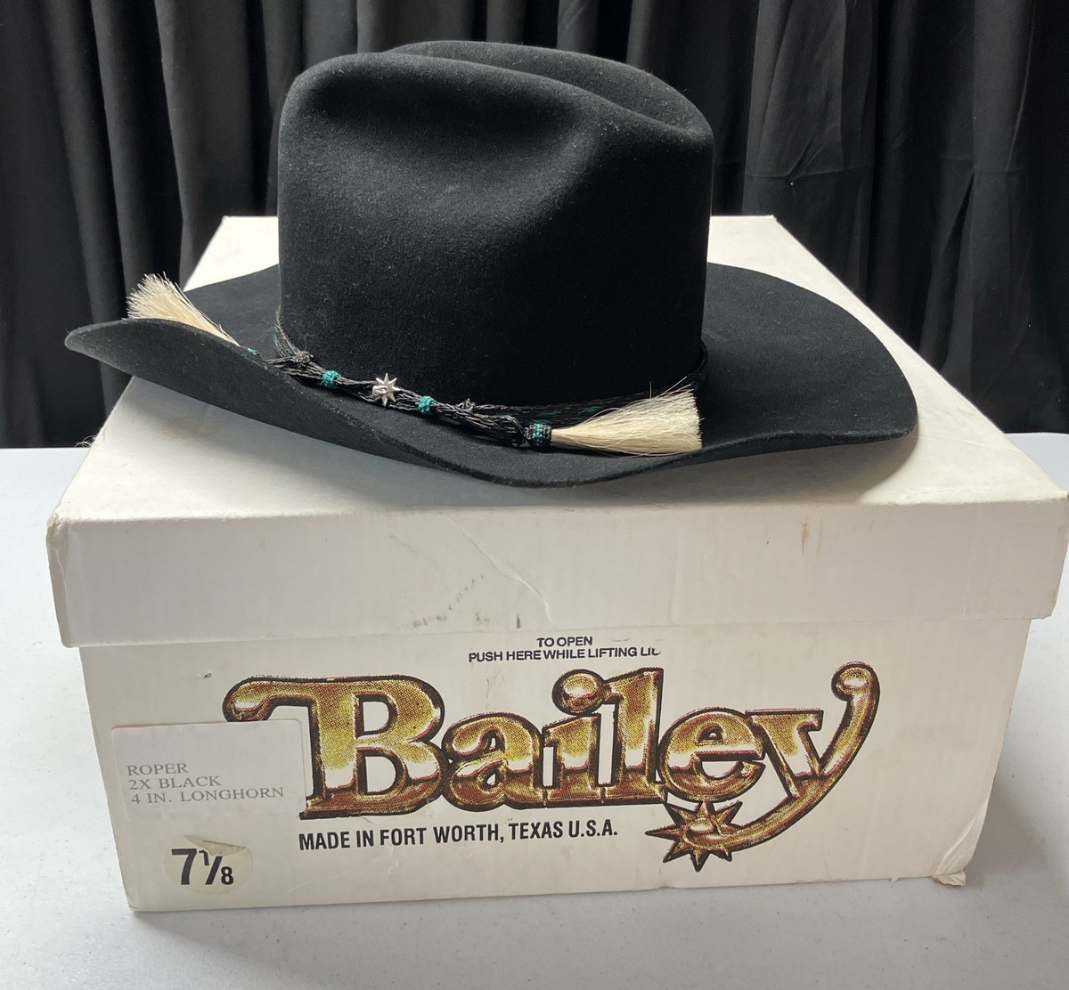 Bailey Roper 2x Black Western Hat 4 Inch Longhorn 7 1/4  display picture 1