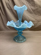 Vintage Blue Opalescent Single-Horn Epergne L.G. Wright Daisy & Diamond Pattern