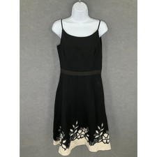 Ann Taylor Black Linen Dress Sz 6 Embroidered Floral Border Sleeveless Romantic