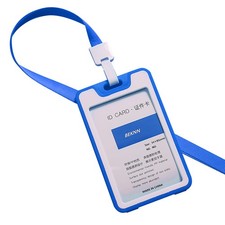 1Pc Blue Meeting ID Badge Card Holder Slim Hard Card Cover Case w/ Lanyard cc