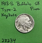 1913-S T2 Buffalo 🦬 Indian Head Nickel 5c Fine Key Date Type 2
