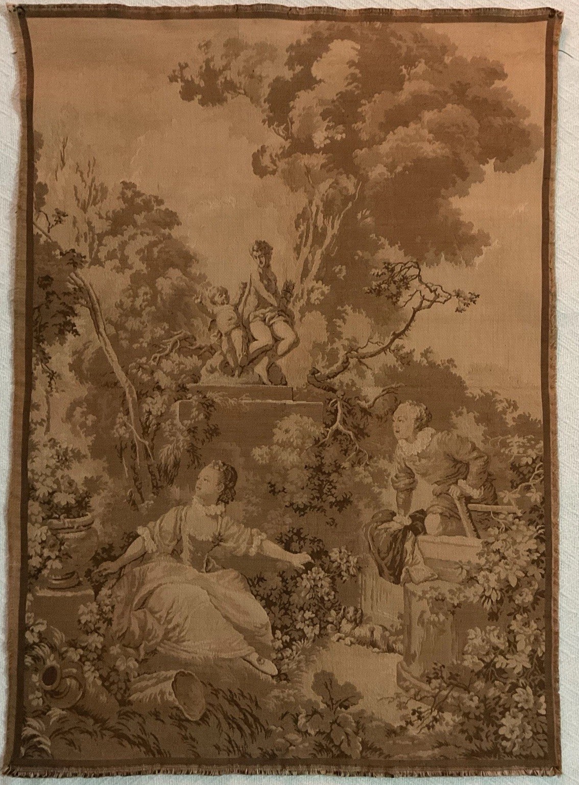 Antique French Tapestry Garden Scene Cherub Art 19 1/2”x27” Cotton 1920s