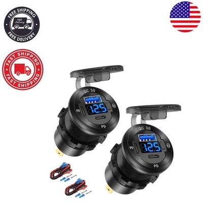 2-Pack 12V USB Car Socket with LED Voltmeter, Waterproof Marine Charger