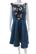 Kay Unger Womens Dark Blue Floral A-Line Fit Flare Dress Sleeveless Zip Size 10